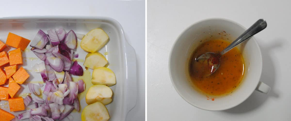 Bol de verduras y frutas al horno con aliño de limón y miel